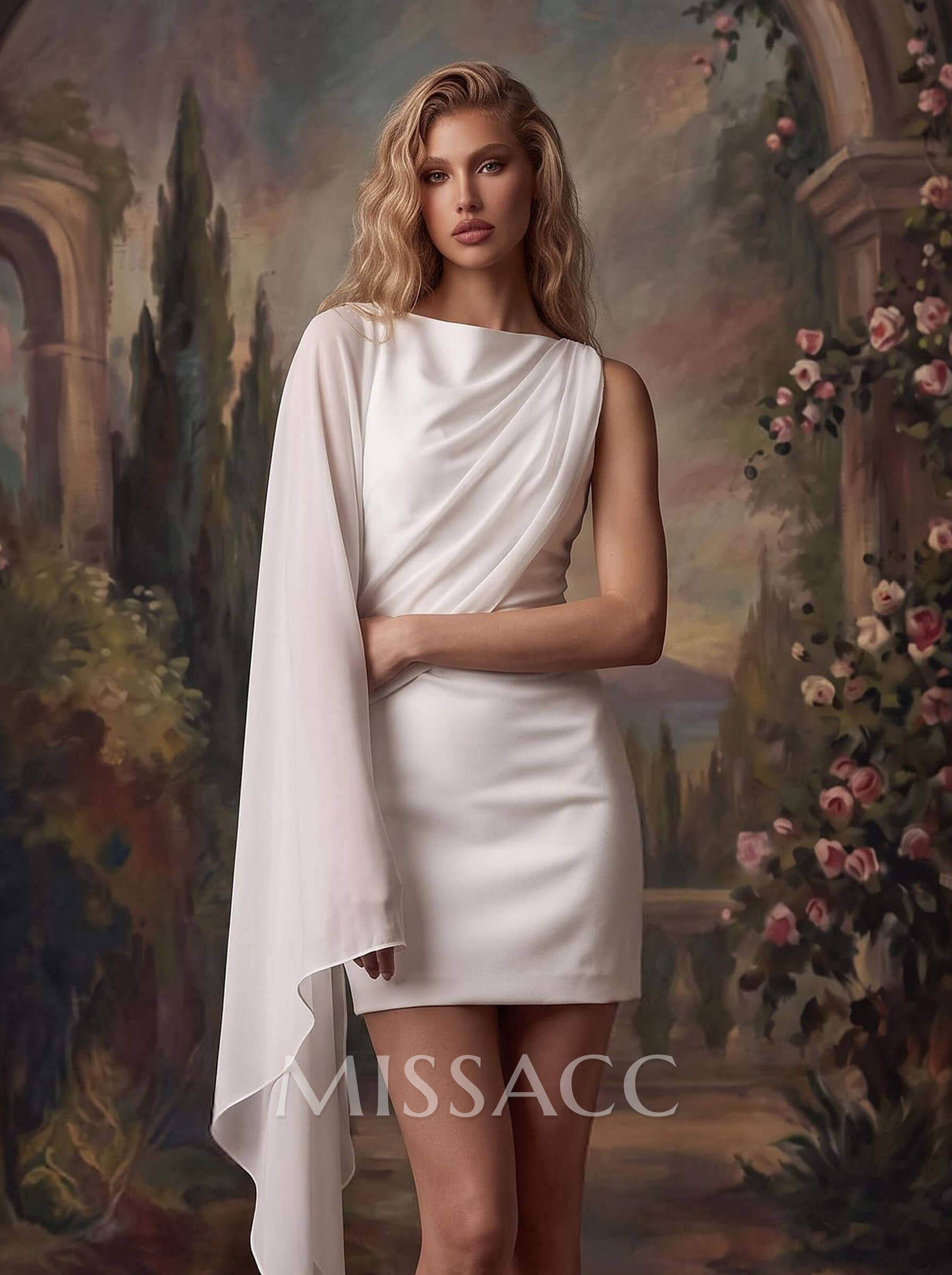Sheath/Column Scoop Neck Cape Sleeves Short/Mini Chiffon/Elastic Satin Wedding Dresses With Sweeping Side Drape