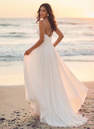 A-Line Plunge Neck Sleeveless Sweep Train Chiffon Wedding Dresses With Pleated