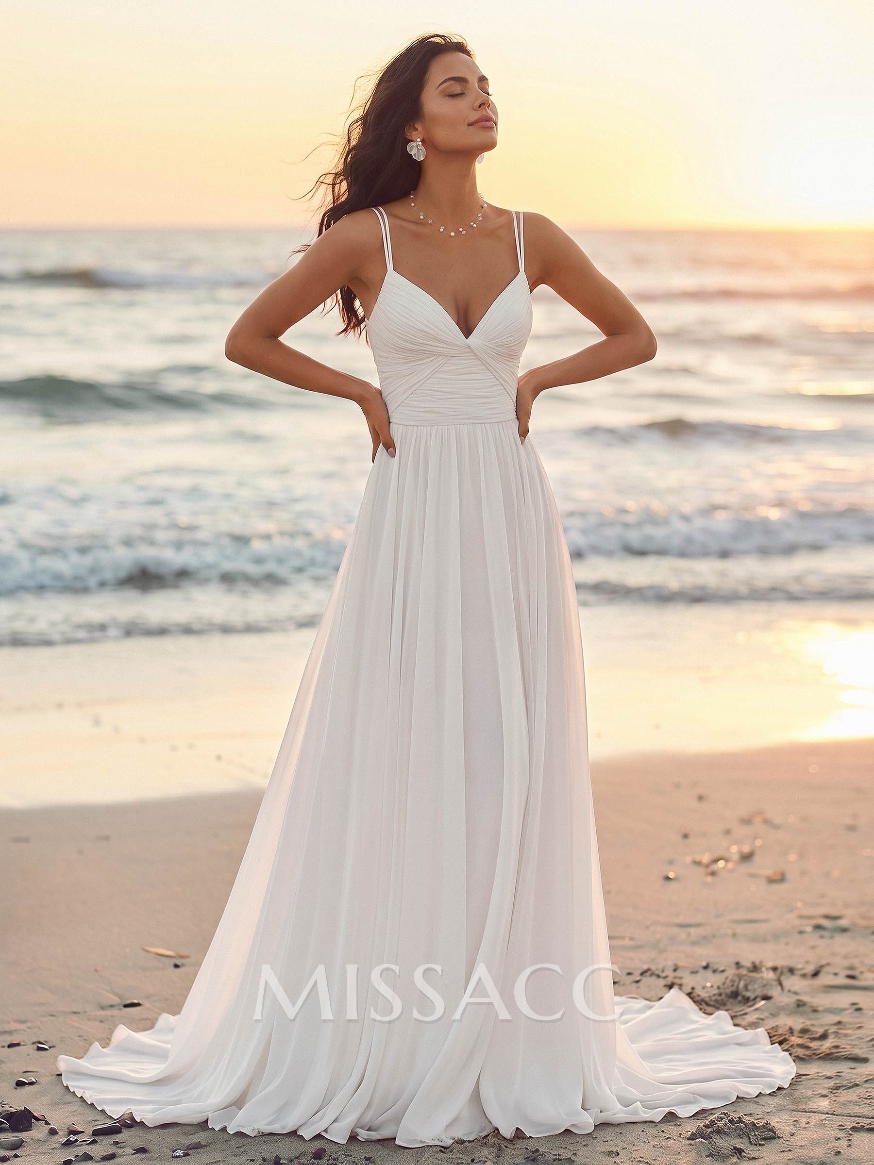 A-Line Plunge Neck Sleeveless Sweep Train Chiffon Wedding Dresses With Pleated