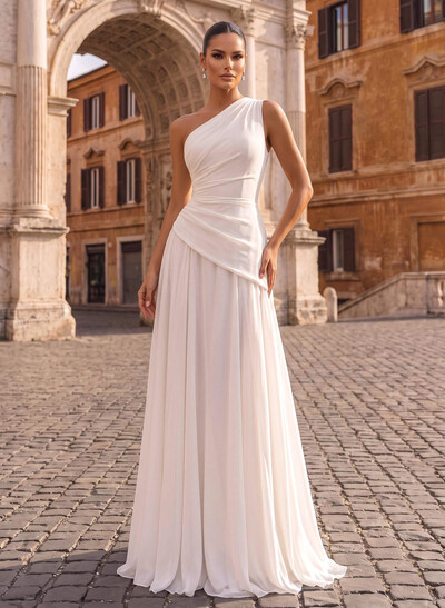 A-Line One-Shoulder Sleeveless Floor-Length Chiffon Wedding Dresses