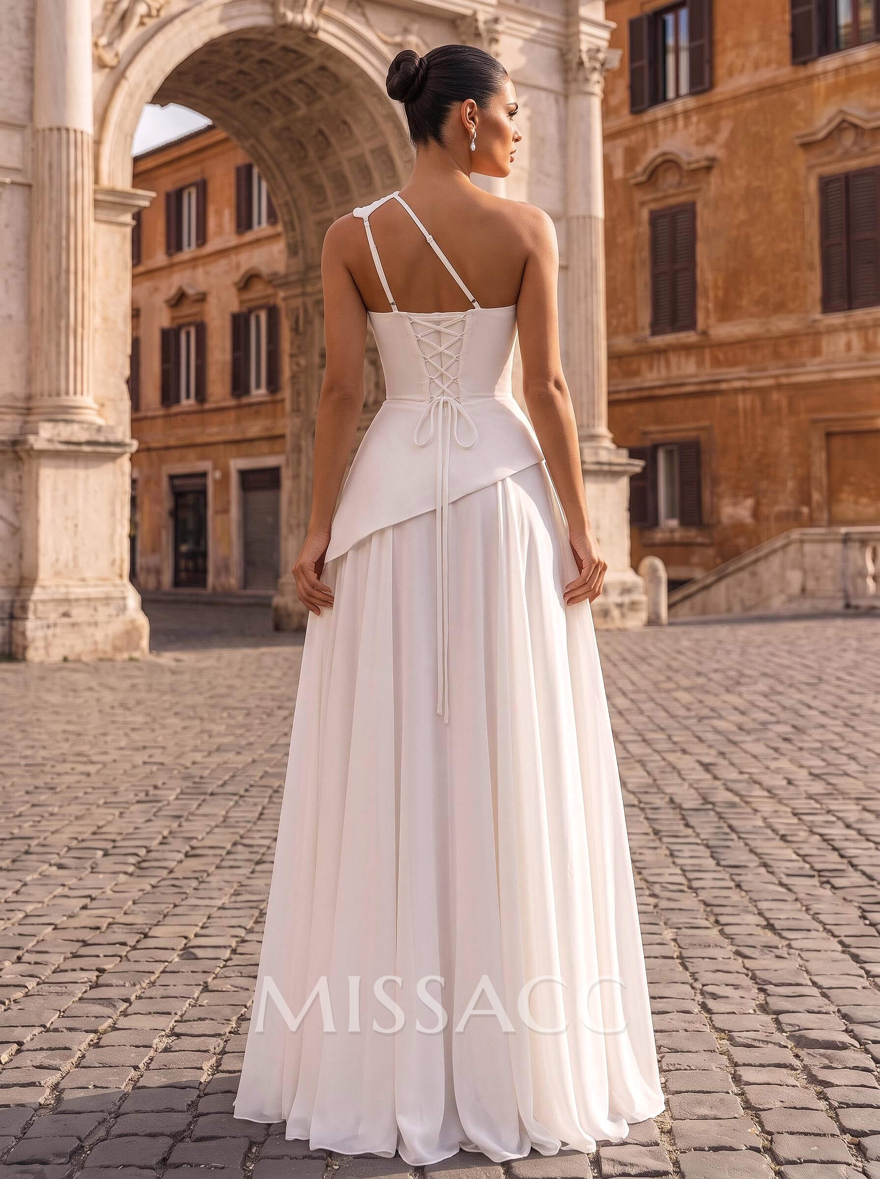 A-Line One-Shoulder Sleeveless Floor-Length Chiffon Wedding Dresses