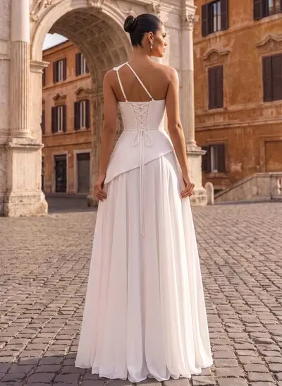 A-Line One-Shoulder Sleeveless Floor-Length Chiffon Wedding Dresses