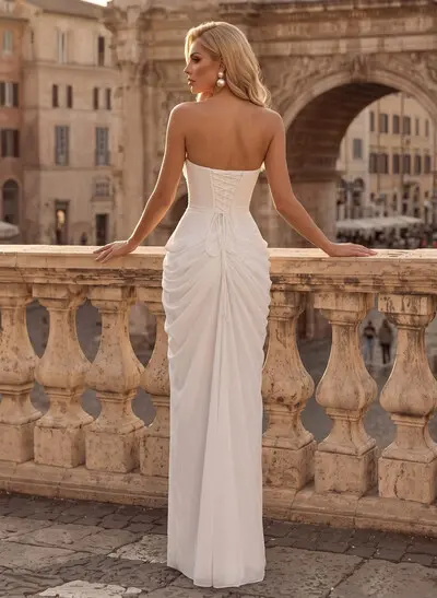 Sheath/Column Strapless Sleeveless Floor-Length Chiffon Wedding Dresses With Pleated/High Split