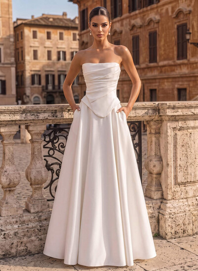 A-Line Strapless Sleeveless Floor-Length Satin Wedding Dresses With Pockets