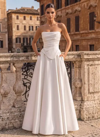 A-Line Strapless Sleeveless Floor-Length Satin Wedding Dresses With Pockets