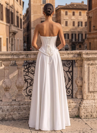 A-Line Strapless Sleeveless Floor-Length Satin Wedding Dresses With Pockets