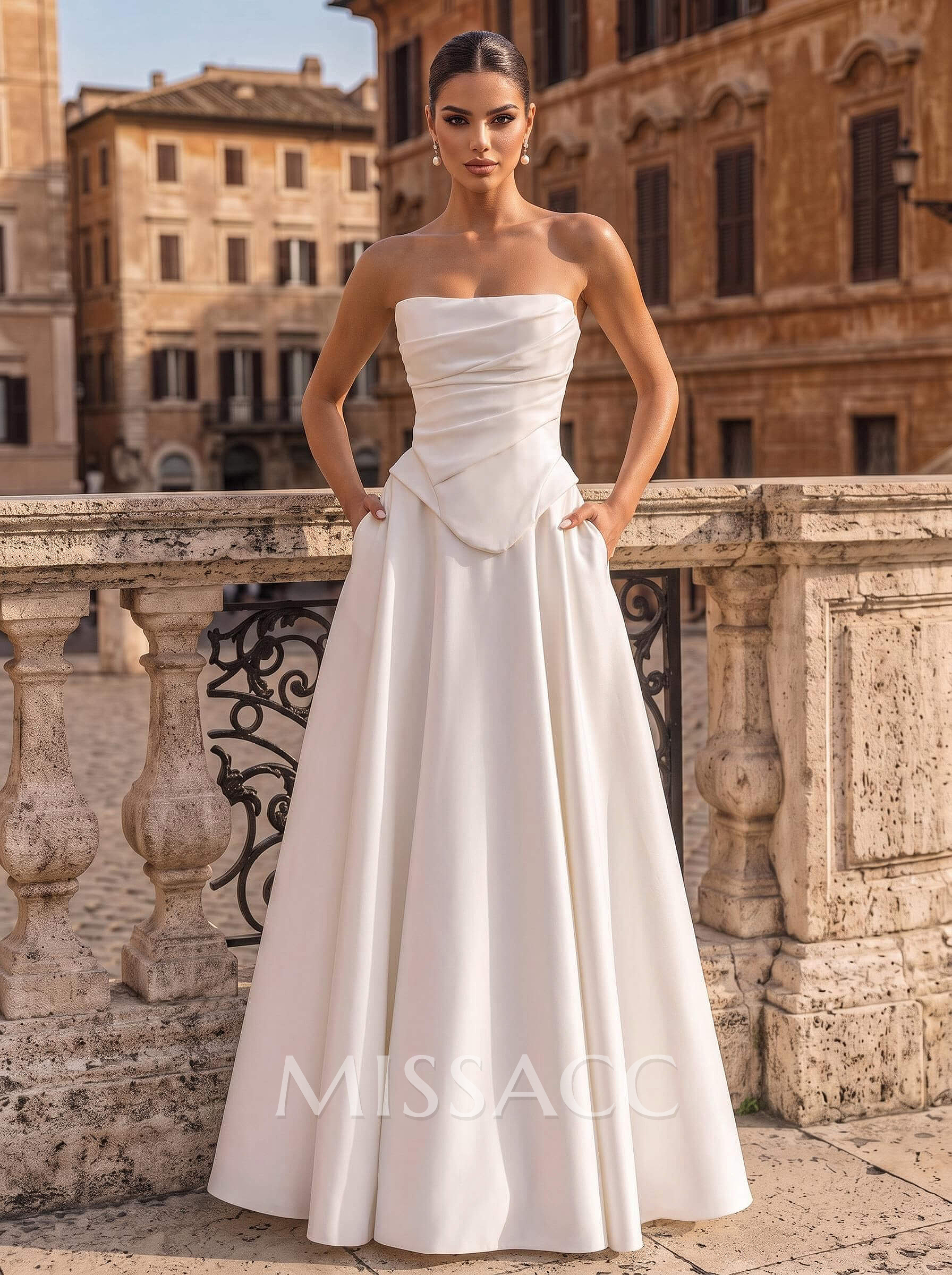 A-Line Strapless Sleeveless Floor-Length Satin Wedding Dresses With Pockets