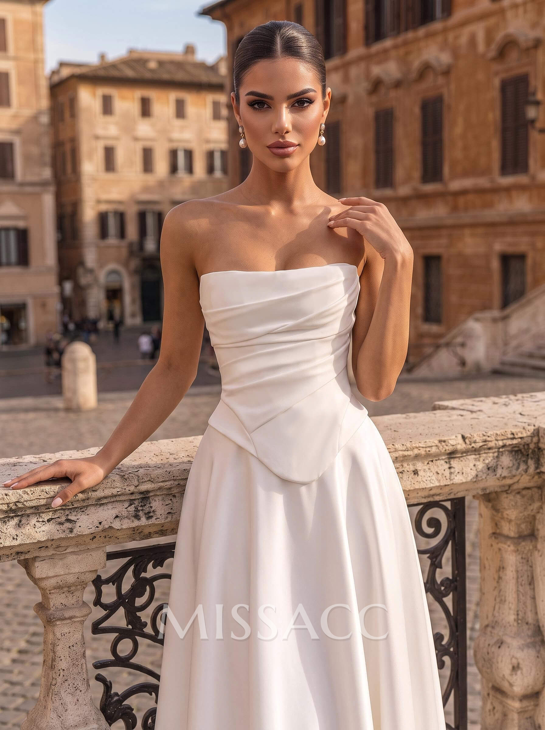 A-Line Strapless Sleeveless Floor-Length Satin Wedding Dresses With Pockets
