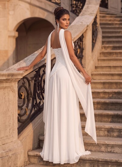 A-Line Strapless Sleeveless Floor-Length Chiffon Wedding Dresses With High Split