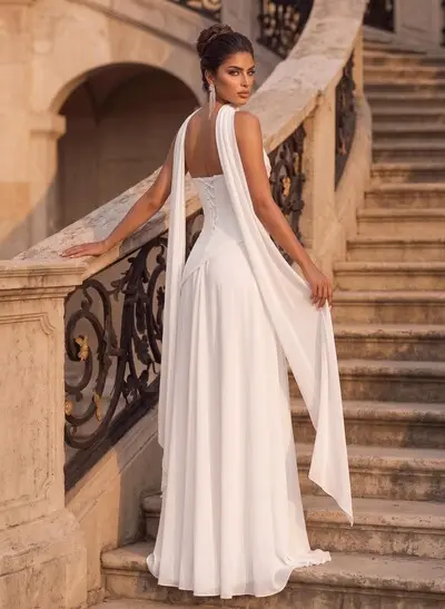 A-Line Strapless Sleeveless Floor-Length Chiffon Wedding Dresses With High Split