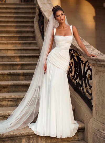 A-Line Square Neckline Sleeveless Floor-Length Chiffon Wedding Dresses With Pleated