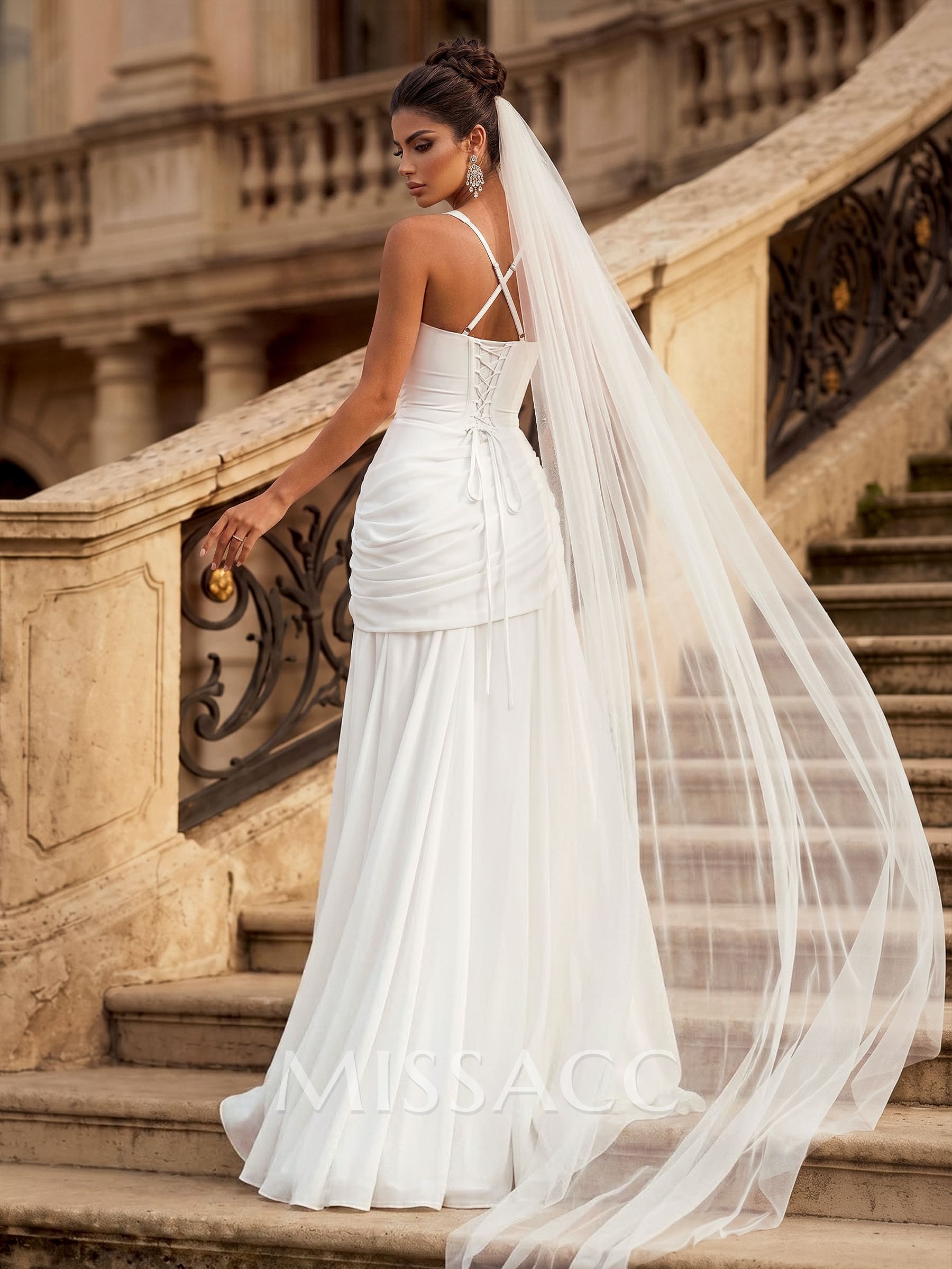 A-Line Square Neckline Sleeveless Floor-Length Chiffon Wedding Dresses With Pleated