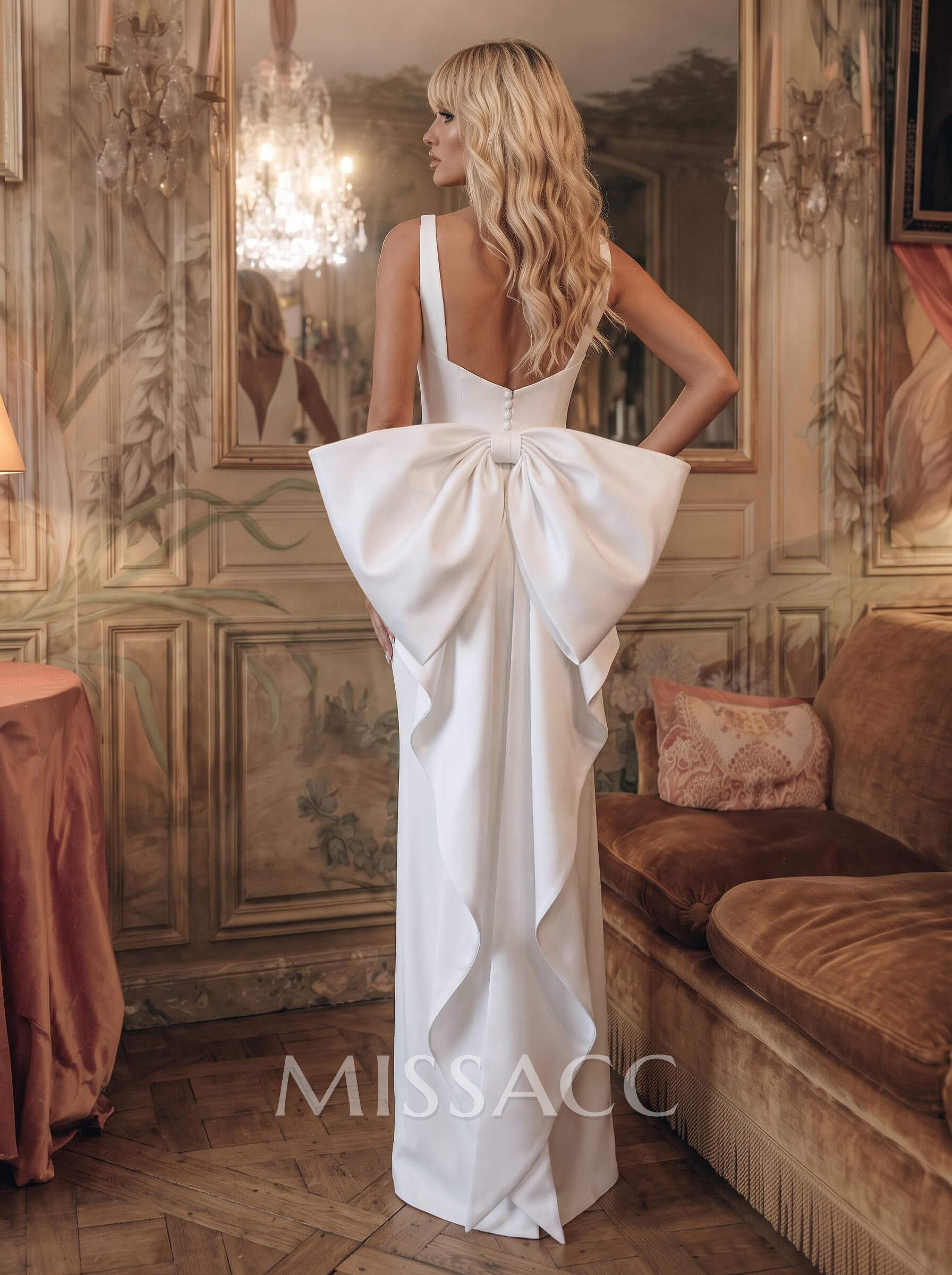 Sheath/Column Square Neckline Sleeveless Floor-Length Satin Wedding Dresses With Bow/Back Slit