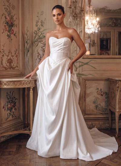 Elegant A-Line Sweetheart Sleeveless Chapel Train Matte Satin Wedding Dresses