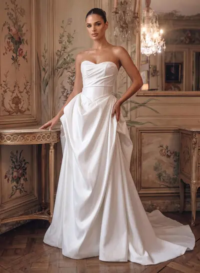 Elegant A-Line Sweetheart Sleeveless Chapel Train Matte Satin Wedding Dresses