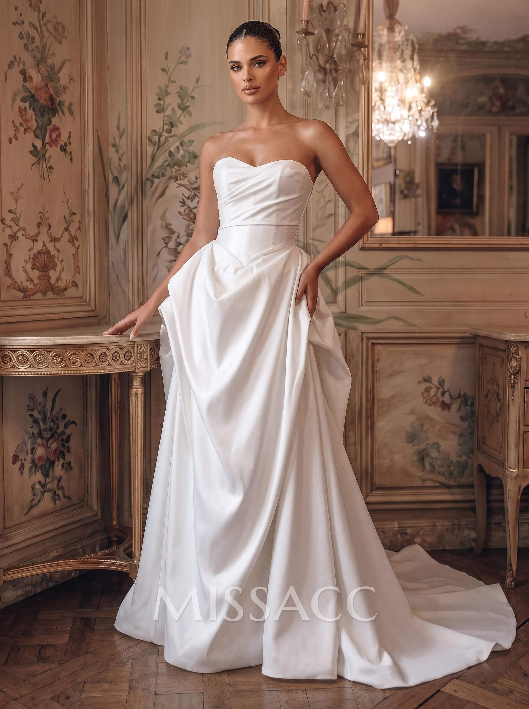 Elegant A-Line Sweetheart Sleeveless Chapel Train Matte Satin Wedding Dresses