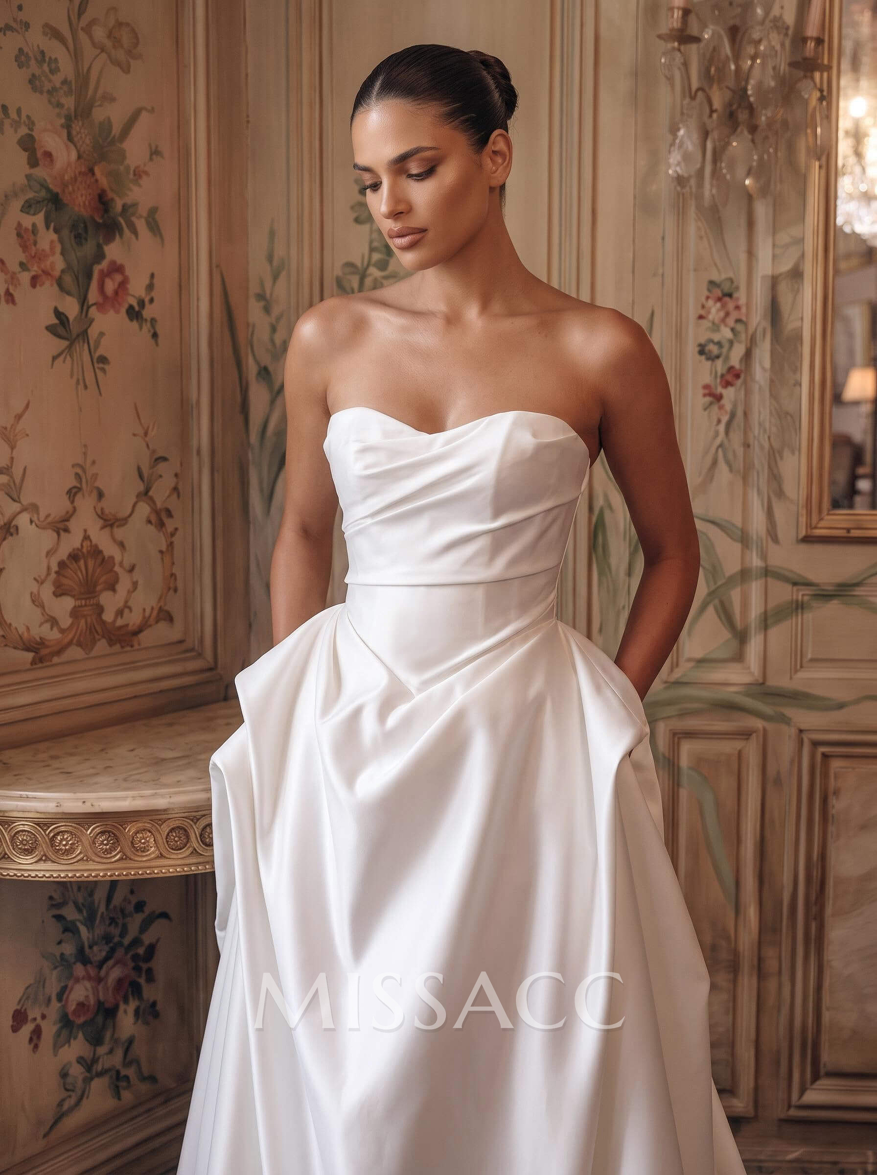 Elegant A-Line Sweetheart Sleeveless Chapel Train Matte Satin Wedding Dresses