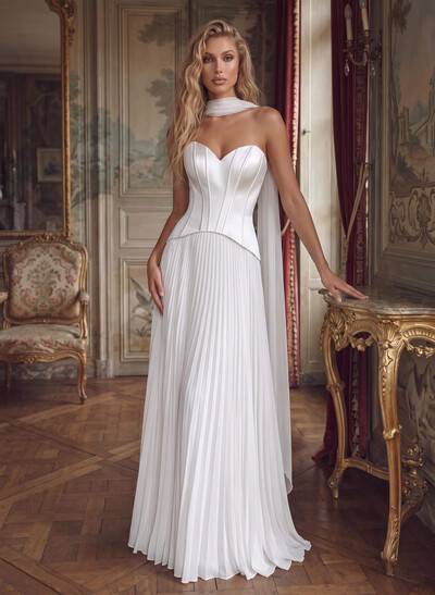 A-Line Sweetheart Sleeveless Floor-Length Chiffon/Satin Wedding Dresses With Pleated