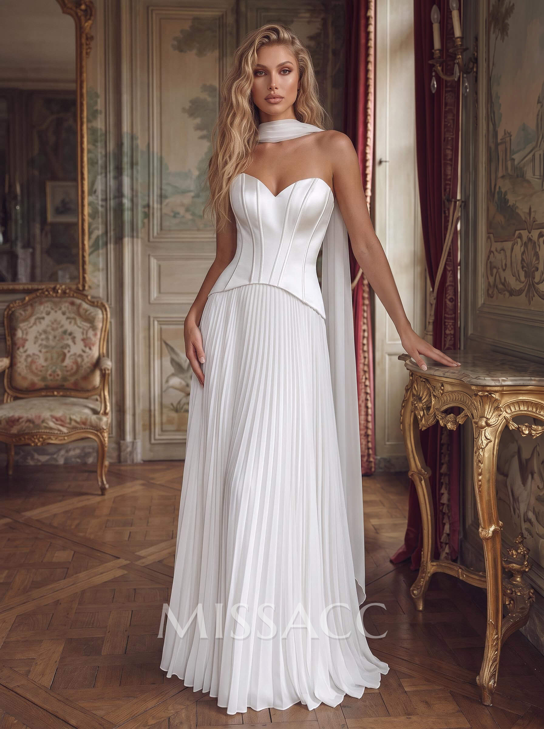 A-Line Sweetheart Sleeveless Floor-Length Chiffon/Satin Wedding Dresses With Pleated
