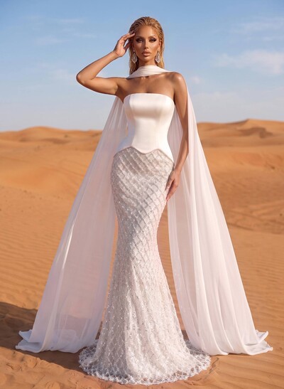 Trumpet/Mermaid Strapless Sleeveless Sweep Train Chiffon/Lace/Matte Satin Wedding Dresses