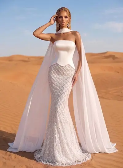 Trumpet/Mermaid Strapless Sleeveless Sweep Train Chiffon/Lace/Matte Satin Wedding Dresses