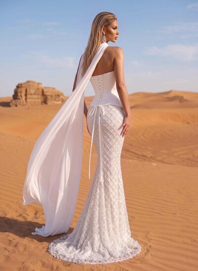 Trumpet/Mermaid Strapless Sleeveless Sweep Train Chiffon/Lace/Matte Satin Wedding Dresses