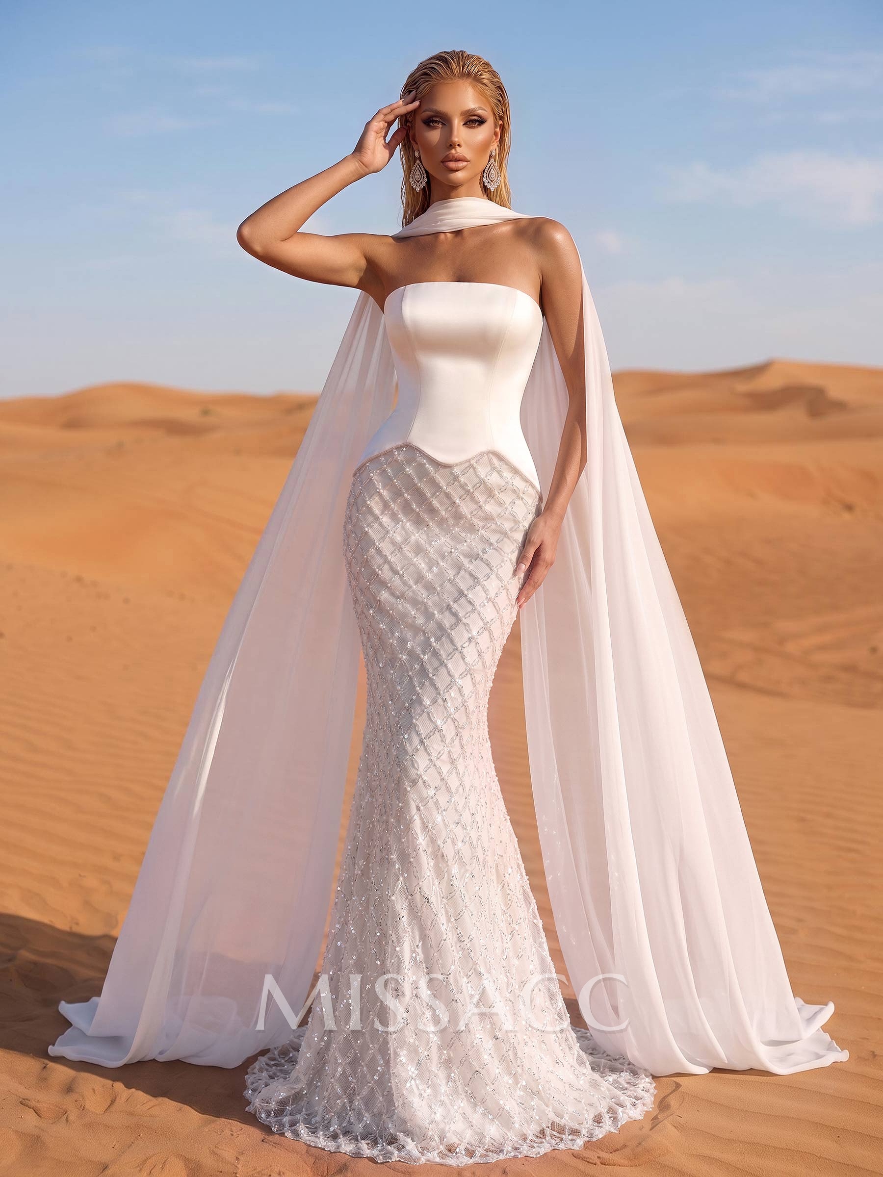 Trumpet/Mermaid Strapless Sleeveless Sweep Train Chiffon/Lace/Matte Satin Wedding Dresses