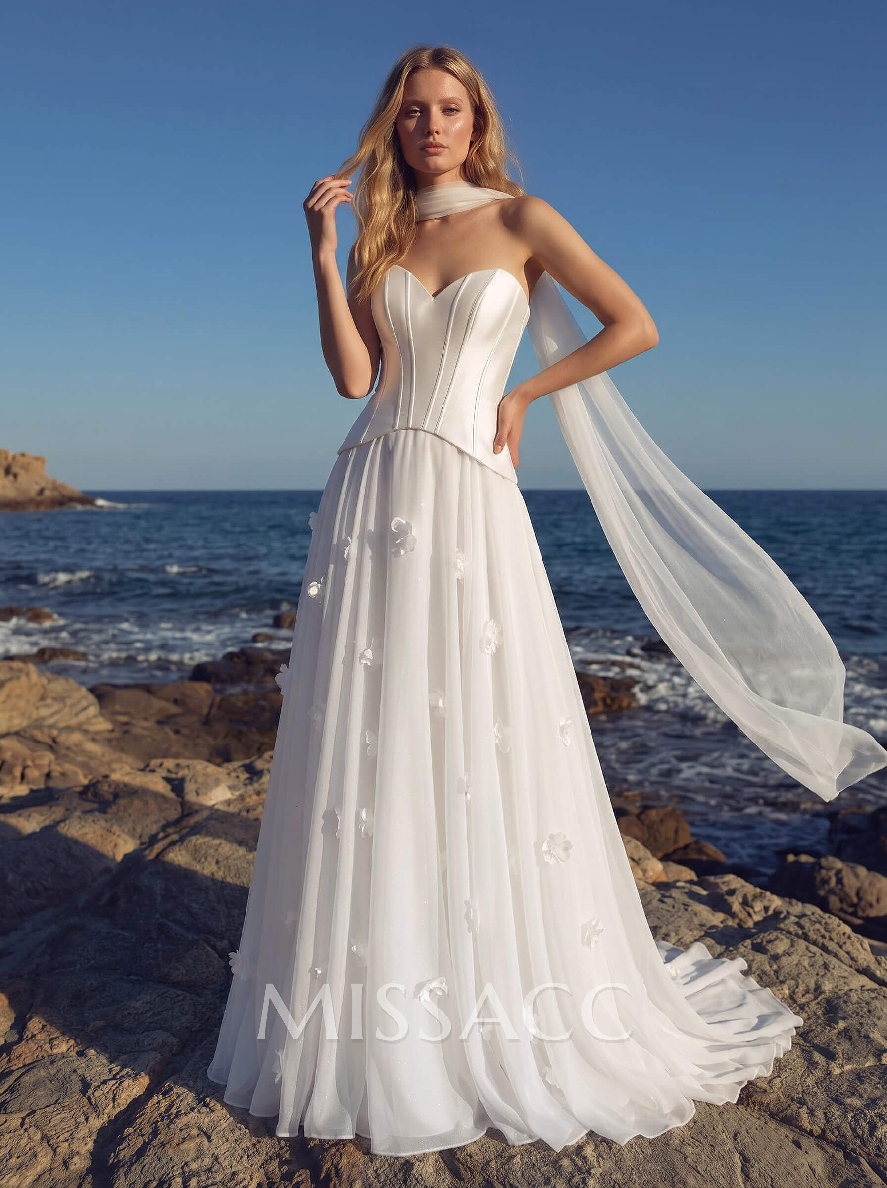 A-Line Sweetheart Sleeveless Sweep Train Chiffon/Satin Wedding Dresses With Flower