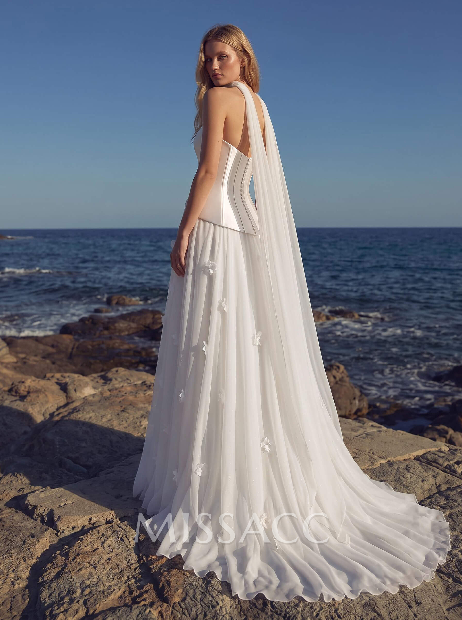 A-Line Sweetheart Sleeveless Sweep Train Chiffon/Satin Wedding Dresses With Flower