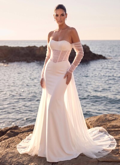 Trumpet/Mermaid Strapless Long Sleeves Court Train Tulle/Elastic Satin Wedding Dresses