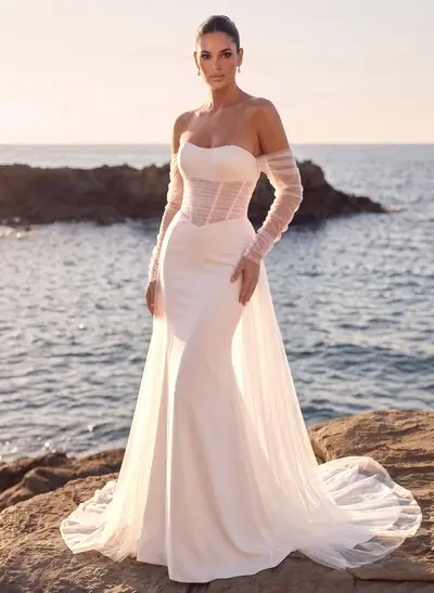 Trumpet/Mermaid Strapless Long Sleeves Court Train Tulle/Elastic Satin Wedding Dresses