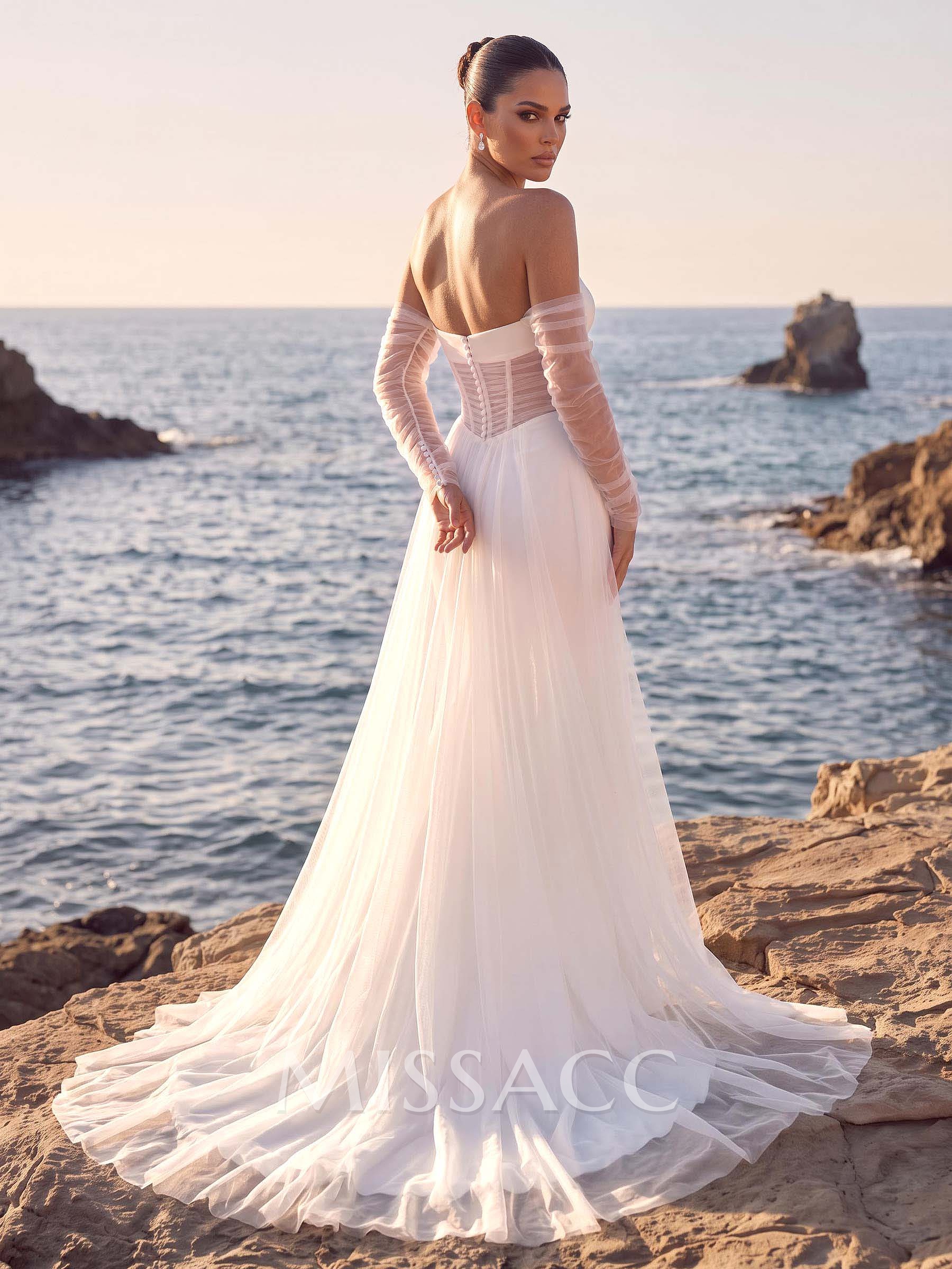Trumpet/Mermaid Strapless Long Sleeves Court Train Tulle/Elastic Satin Wedding Dresses