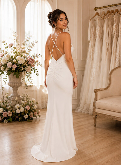 Trumpet/Mermaid Scoop Neck Sleeveless Sweep Train Jersey Wedding Dresses