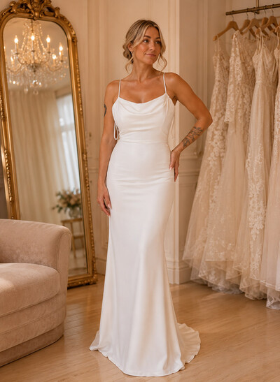 Trumpet/Mermaid Scoop Neck Sleeveless Sweep Train Jersey Wedding Dresses