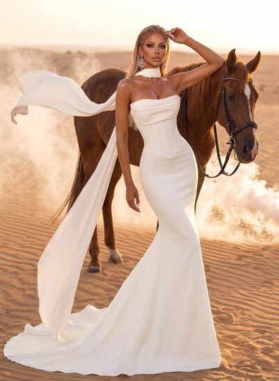 Trumpet/Mermaid Strapless Sleeveless Court Train Elastic Satin Wedding Dresses