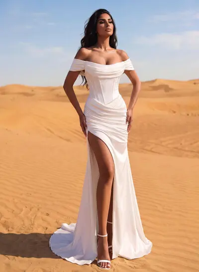 Trumpet/Mermaid Off-The-Shoulder Sleeveless Sweep Train Matte Satin Wedding Dresses With High Split