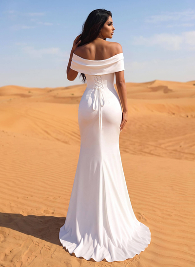 Trumpet/Mermaid Off-The-Shoulder Sleeveless Sweep Train Matte Satin Wedding Dresses With High Split