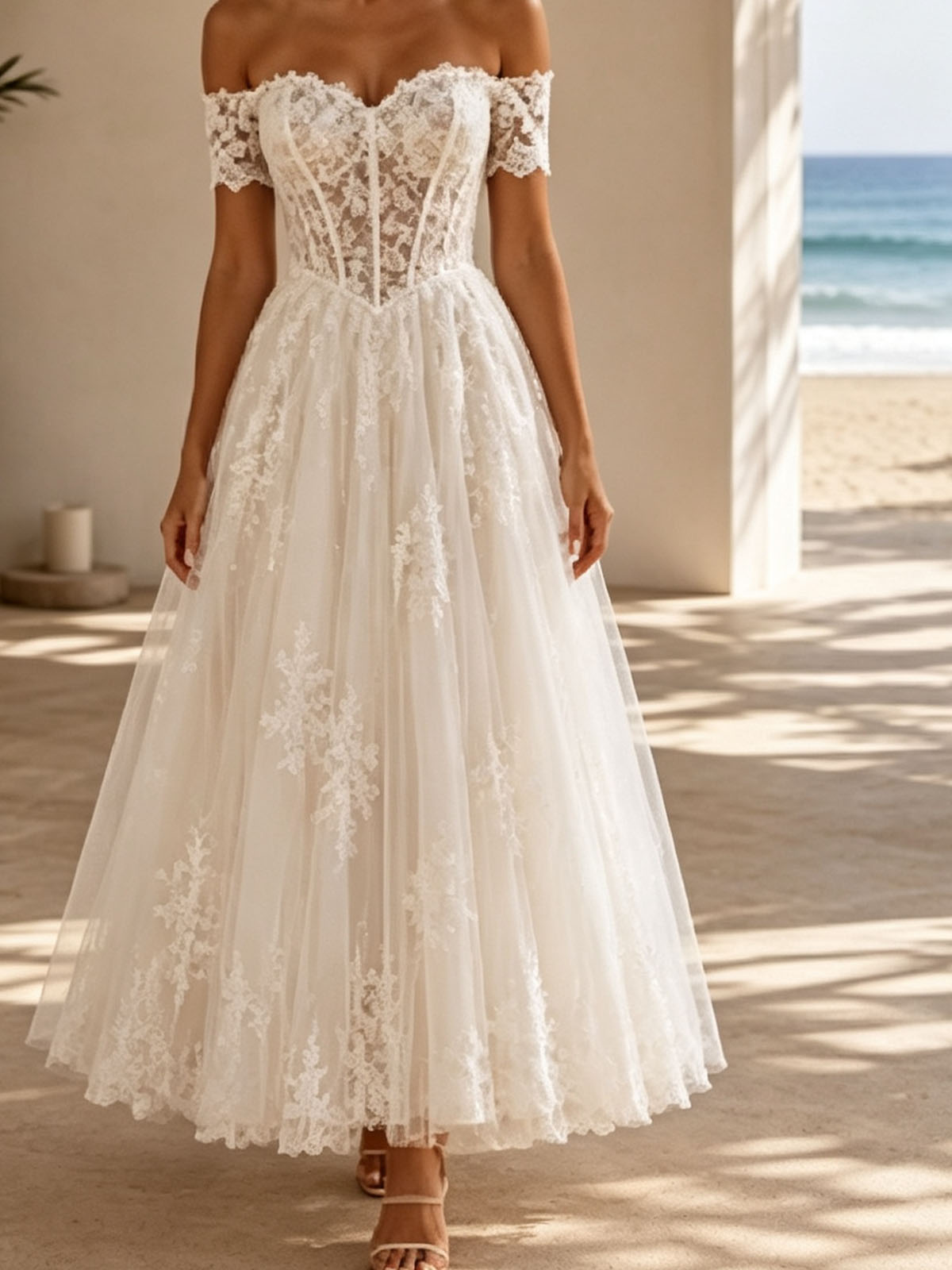 A-Line Off-The-Shoulder Sleeveless Ankle-Length Satin/Tulle Wedding Dresses With Appliques Lace