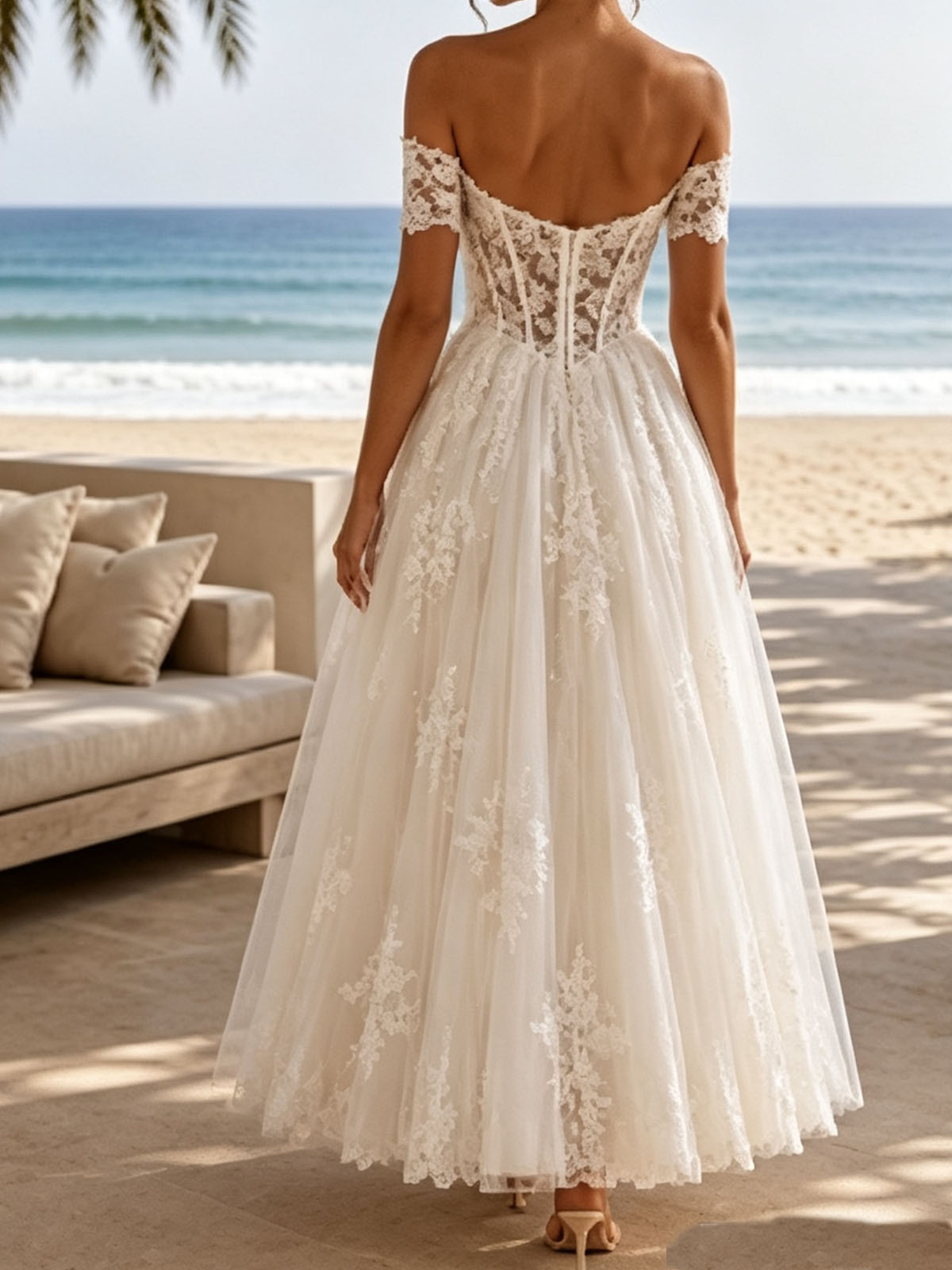 A-Line Off-The-Shoulder Sleeveless Ankle-Length Satin/Tulle Wedding Dresses With Appliques Lace
