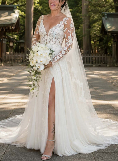 A-Line Sweetheart Long Sleeves Court Train Tulle Wedding Dresses With Appliques Lace/High Split