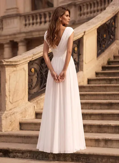 Jumpsuit/Pantsuit V-Neck Short Sleeves Floor-Length Chiffon Wedding Dresses