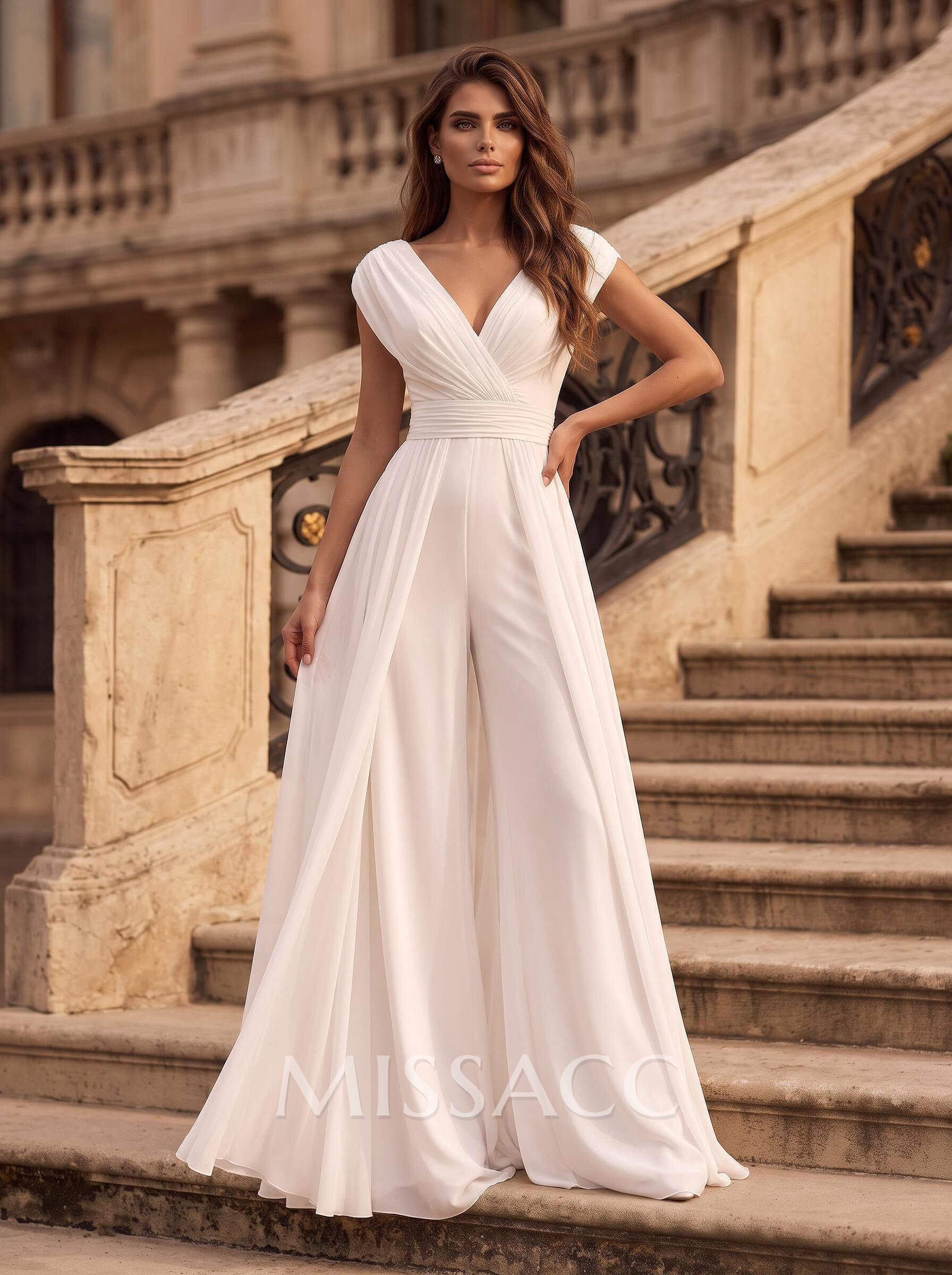 Jumpsuit/Pantsuit V-Neck Short Sleeves Floor-Length Chiffon Wedding Dresses