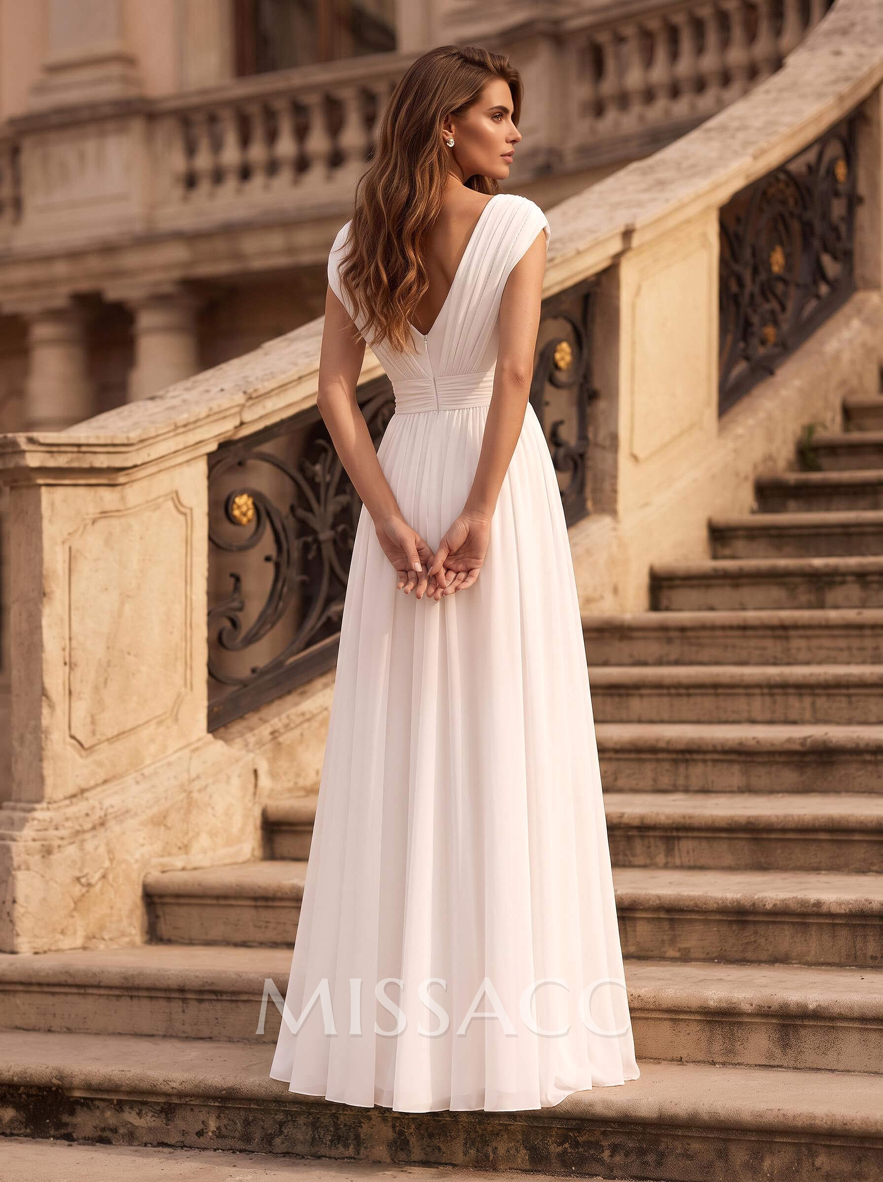 Jumpsuit/Pantsuit V-Neck Short Sleeves Floor-Length Chiffon Wedding Dresses