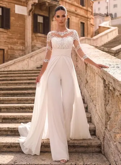 Jumpsuit/Pantsuit Scoop Neck 3/4 Sleeves Sweep Train Chiffon Wedding Dresses With Lace/Overskirt Dress