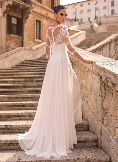 Jumpsuit/Pantsuit Scoop Neck 3/4 Sleeves Sweep Train Chiffon Wedding Dresses With Lace/Overskirt Dress