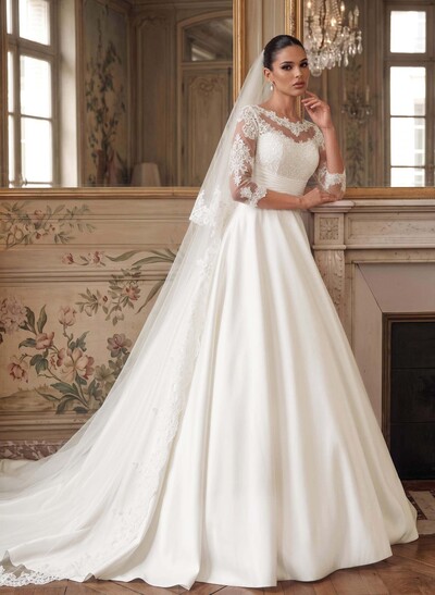 A-Line Scoop Neck 3/4 Sleeve Sweep Train Lace, Satin And Tulle Wedding Dress With Lace Appliques