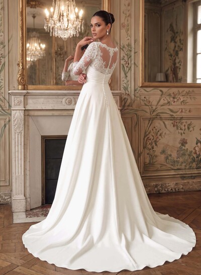 A-Line Scoop Neck 3/4 Sleeve Sweep Train Lace, Satin And Tulle Wedding Dress With Lace Appliques