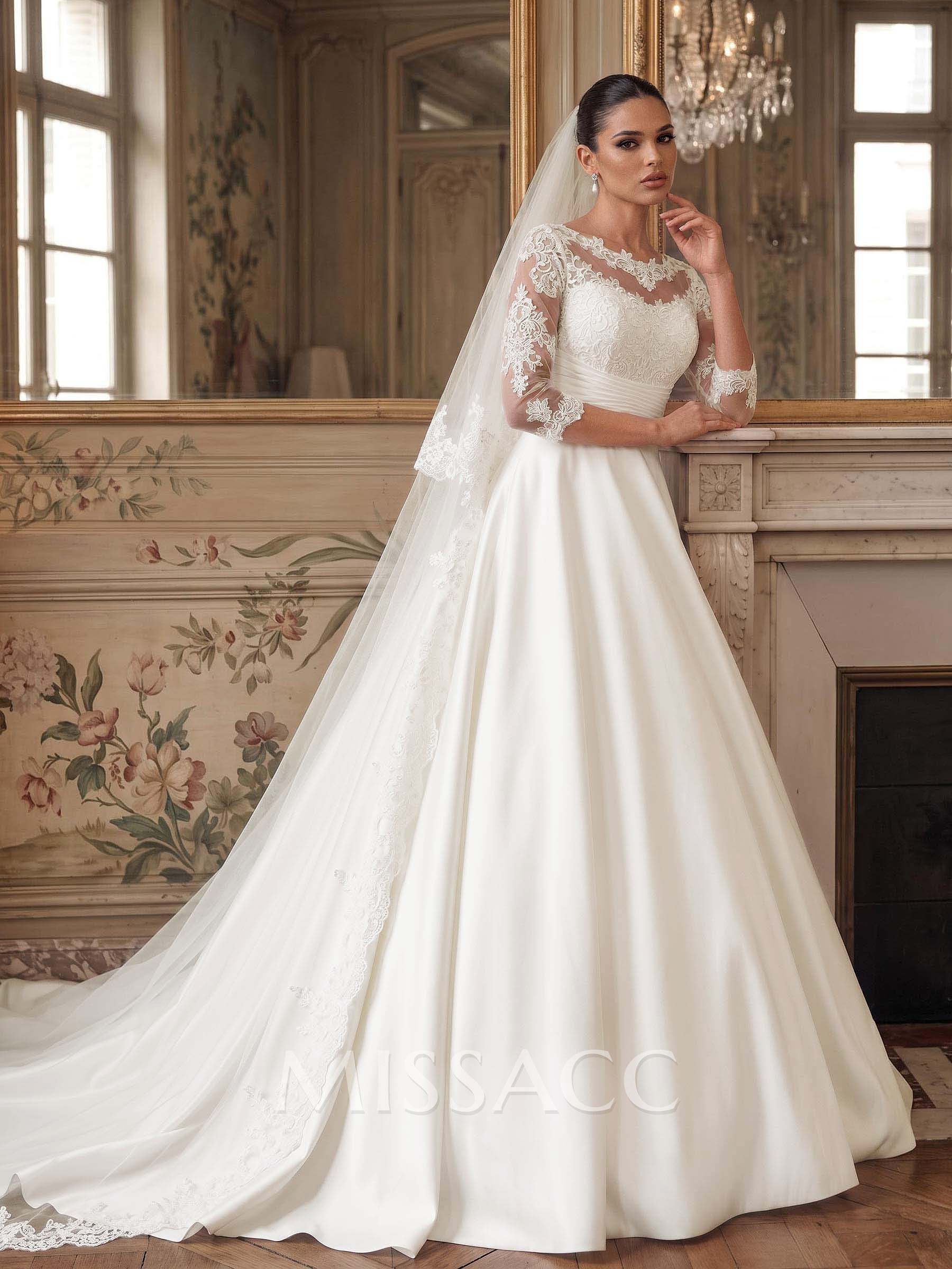 A-Line Scoop Neck 3/4 Sleeve Sweep Train Lace, Satin And Tulle Wedding Dress With Lace Appliques