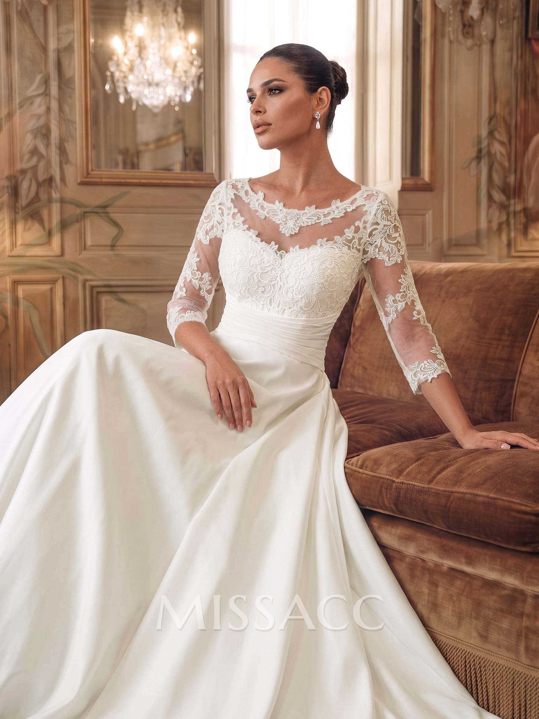 A-Line Scoop Neck 3/4 Sleeve Sweep Train Lace, Satin And Tulle Wedding Dress With Lace Appliques