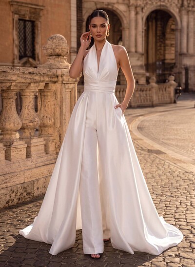 Jumpsuit/Pantsuit V-Neck/Halter Sleeveless Floor-Length Matte Satin Wedding Dresses With Overskirt Dress